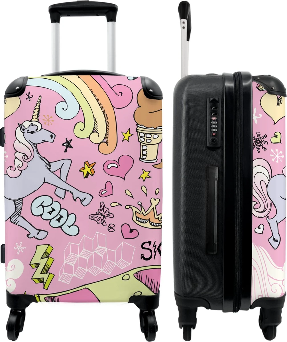 NoBoringSuitcases.com® Koffer Groot - Roze - Eenhoorn - Skateboard - Tekening - Trolley Koffer Met TSA-slot - Met Wielen - 90 Liter - Reiskoffer - 66 Cm