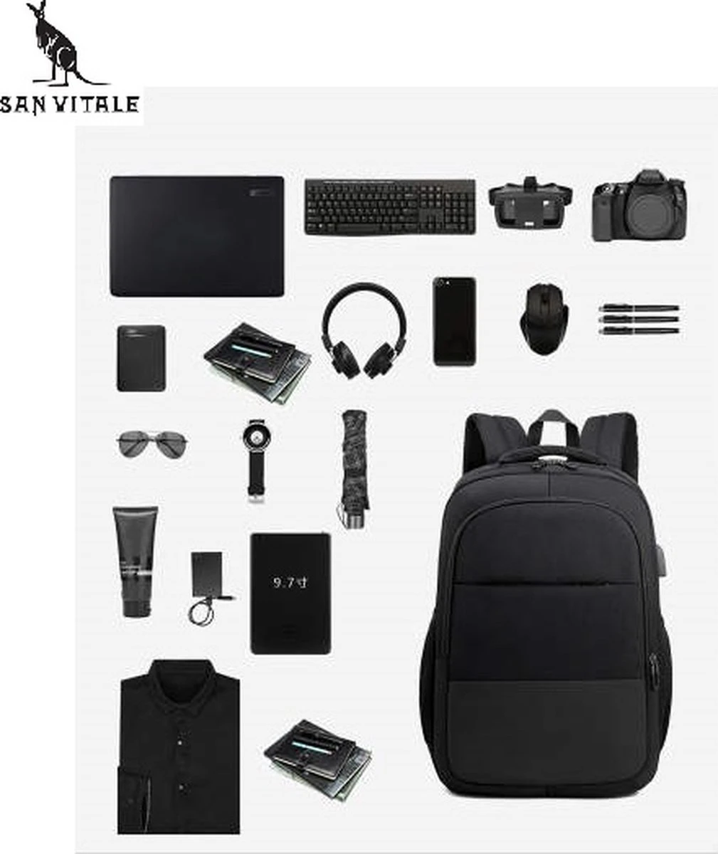 San Vitale® - Rugzak 2.0 Met USB Poort - Schooltas - 16 Inch Laptop Rugtas - Dames/Heren - 30L - Waterafstotend - Grijs - Afbeelding 5