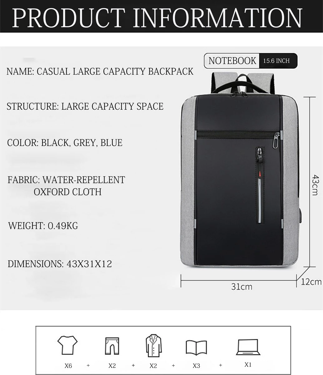 Merkloos Rugzak - Laptoprugzak 15,6 Inch - Schoolrugzak Dagrugzak - Kerstmis - Kerstfeest - Christmas Gift - Rugzak Dames Heren - Waterdichte Nylon Laptopbagagetablet - Met Usb Oplaadstation - Voor School Reizen Multifunctioneel - Grijs - Afbeelding 7