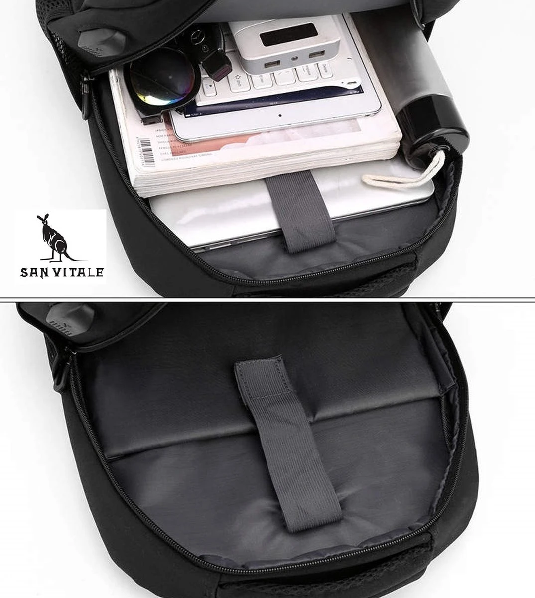 San Vitale® - Rugzak 2.0 Met USB Poort - Schooltas - 16 Inch Laptop Rugtas - Dames/Heren - 30L - Waterafstotend - Grijs - Afbeelding 4