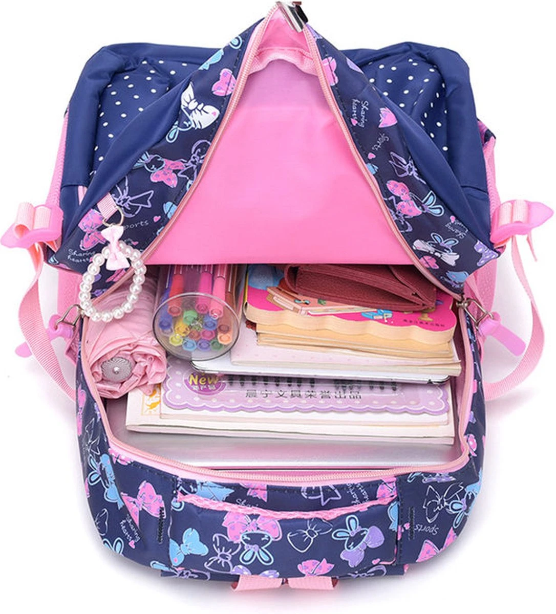 STIJLVOLLE GROTE CAPACITEIT GRAPPIGE ROZE TIENER BOEKENTAS LAPTOP,SCHOOLTAS RUGZAK VOOR VROUW MEISJE ( ROZE PAARS ) - Afbeelding 3