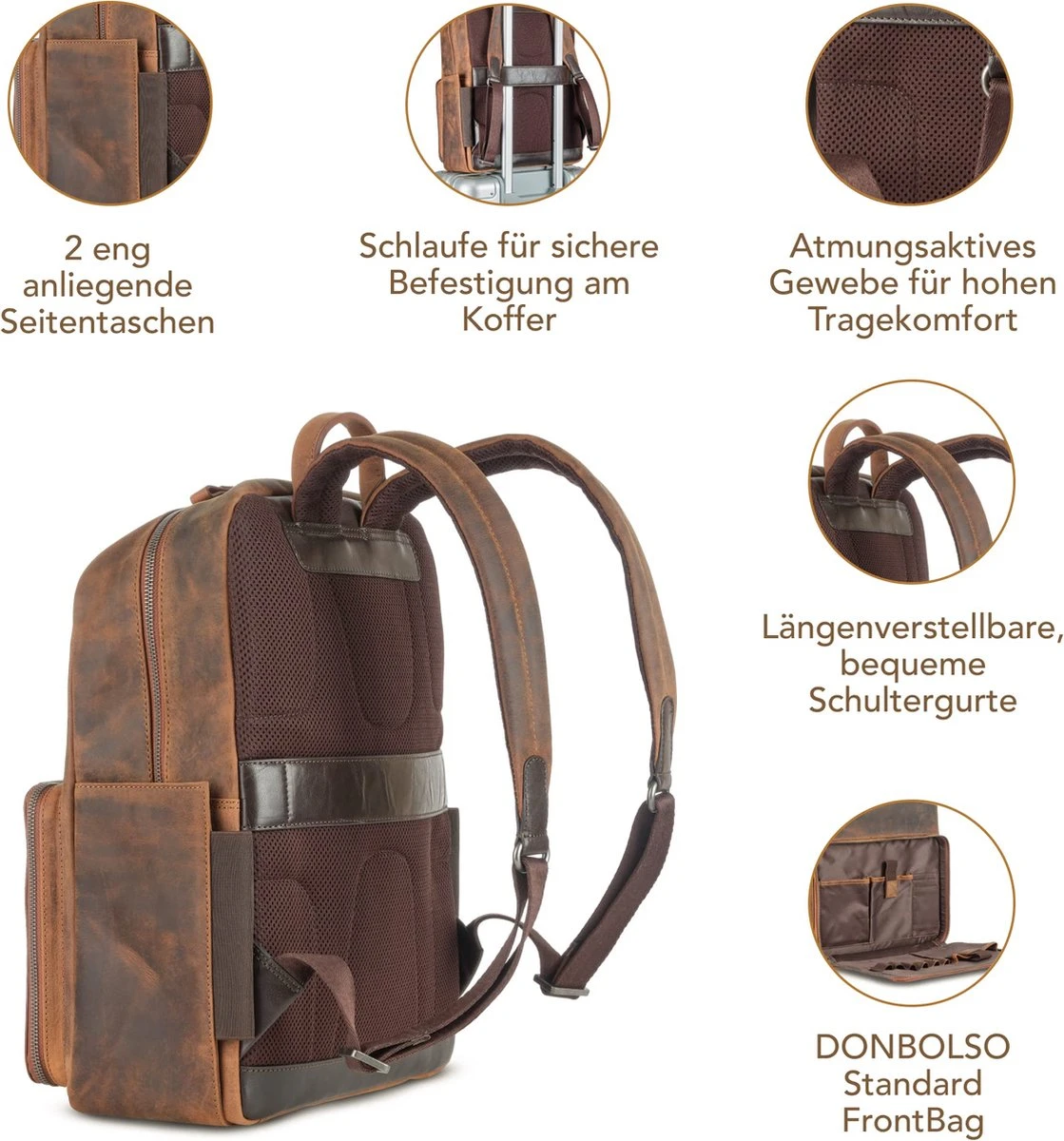 DONBOLSO Rugzak Tokio I Premium Lederen Dagrugzak Voor Mannen En Vrouwen Met Laptopvak I Ideale Lederen Rugzak Voor Op Reis, Kantoor, Universiteit I Handgemaakte Laptoptas I Vintage Bruin - Afbeelding 2