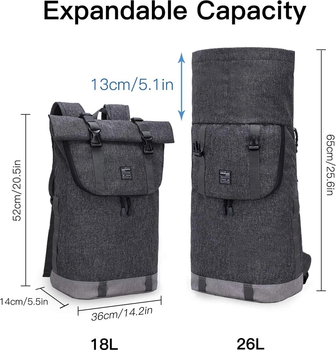 EverVanz Laptop Rugtas Vrouw & Man Roll Top Waterdicht Reizen Wandelen Rugzak Lichtgewicht Casual Dagrugzak Stijlvol Schooltas - Afbeelding 3