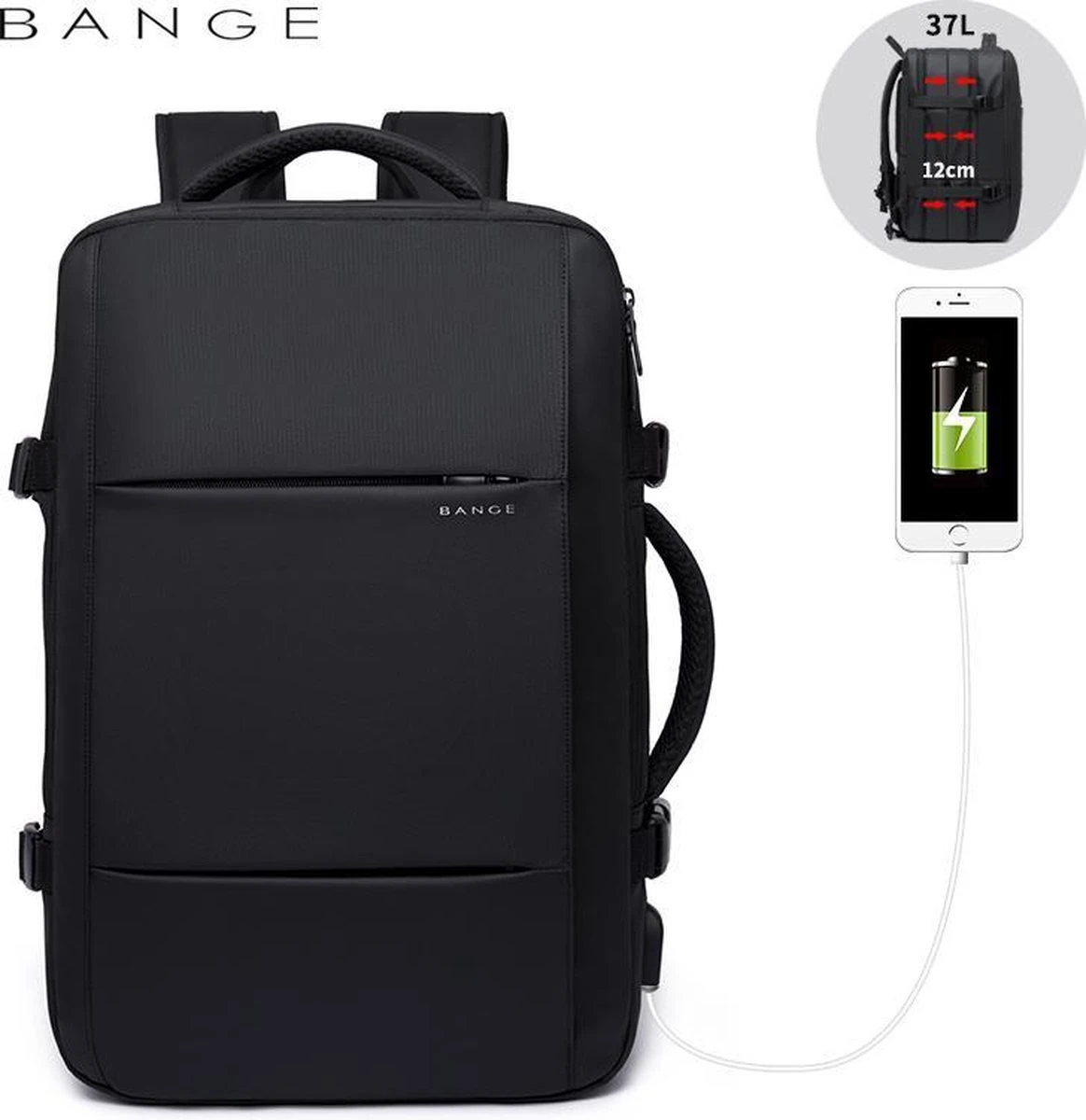 Bange Rugtas - 15,6 Inch - Laptop Rugzak - USB-aansluiting - Waterafstotend - Zwart - Incl. Smart Thermosfles - Afbeelding 9