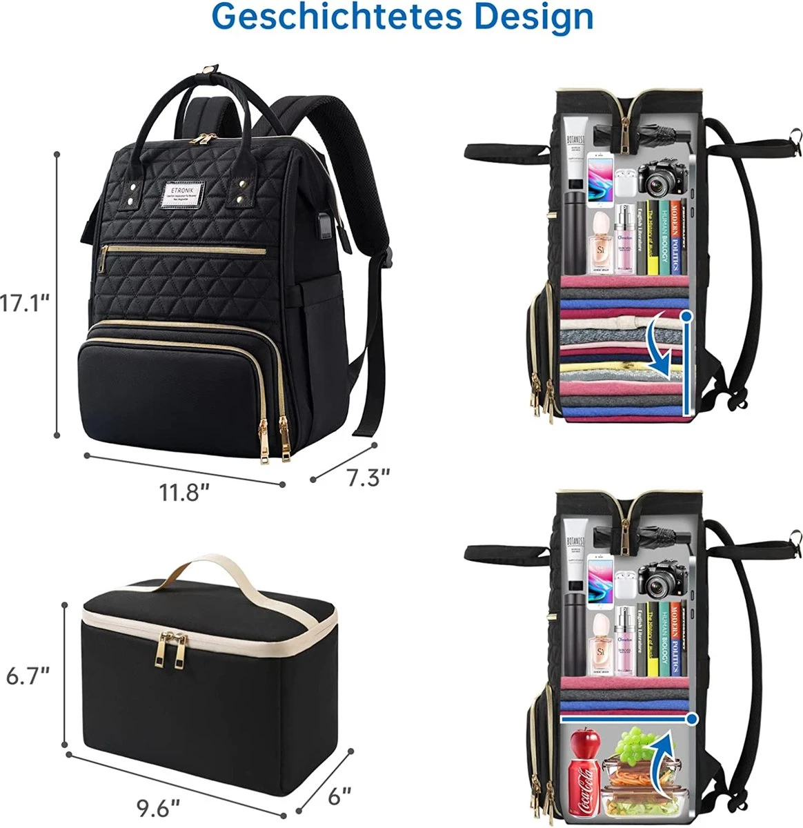 Merkloos ETRONIK Lunch Rugzak Voor Dames, Laptoprugzak, 15,6 Inch Met Geïsoleerde Koeltas, Waterdichte Koelrugzak Met USB-oplaadaansluiting, Koeltas, Lunchtas Voor Dames En Heren, Reizen, Werk, School, Zwart - Afbeelding 2