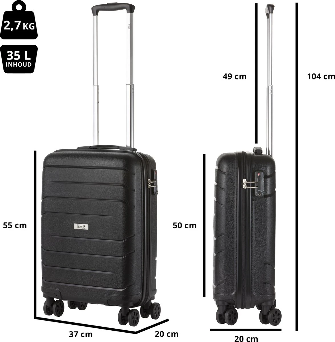 TravelZ Big Bars Handbagagekoffer 55cm Met TSA-slot - Ultrasterk - Zwart - Afbeelding 7