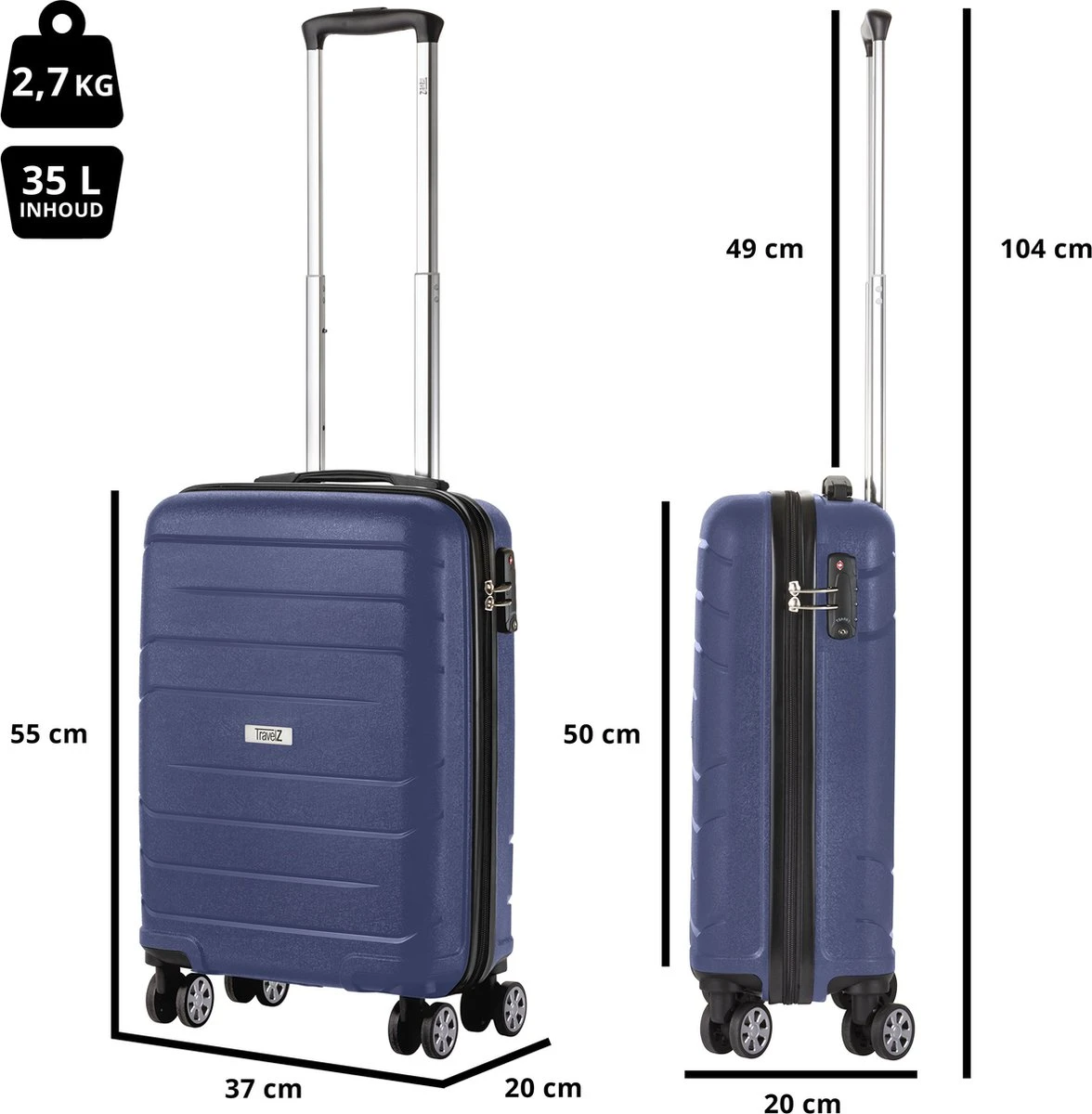 TravelZ Big Bars Handbagagekoffer 55cm Met TSA-slot - Ultrasterk - Blauw - Afbeelding 7