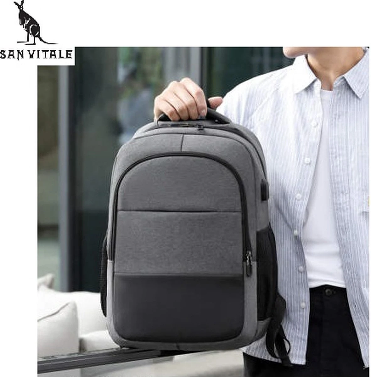 San Vitale® - Rugzak 2.0 Met USB Poort - Schooltas - 16 Inch Laptop Rugtas - Dames/Heren - 30L - Waterafstotend - Grijs - Afbeelding 10