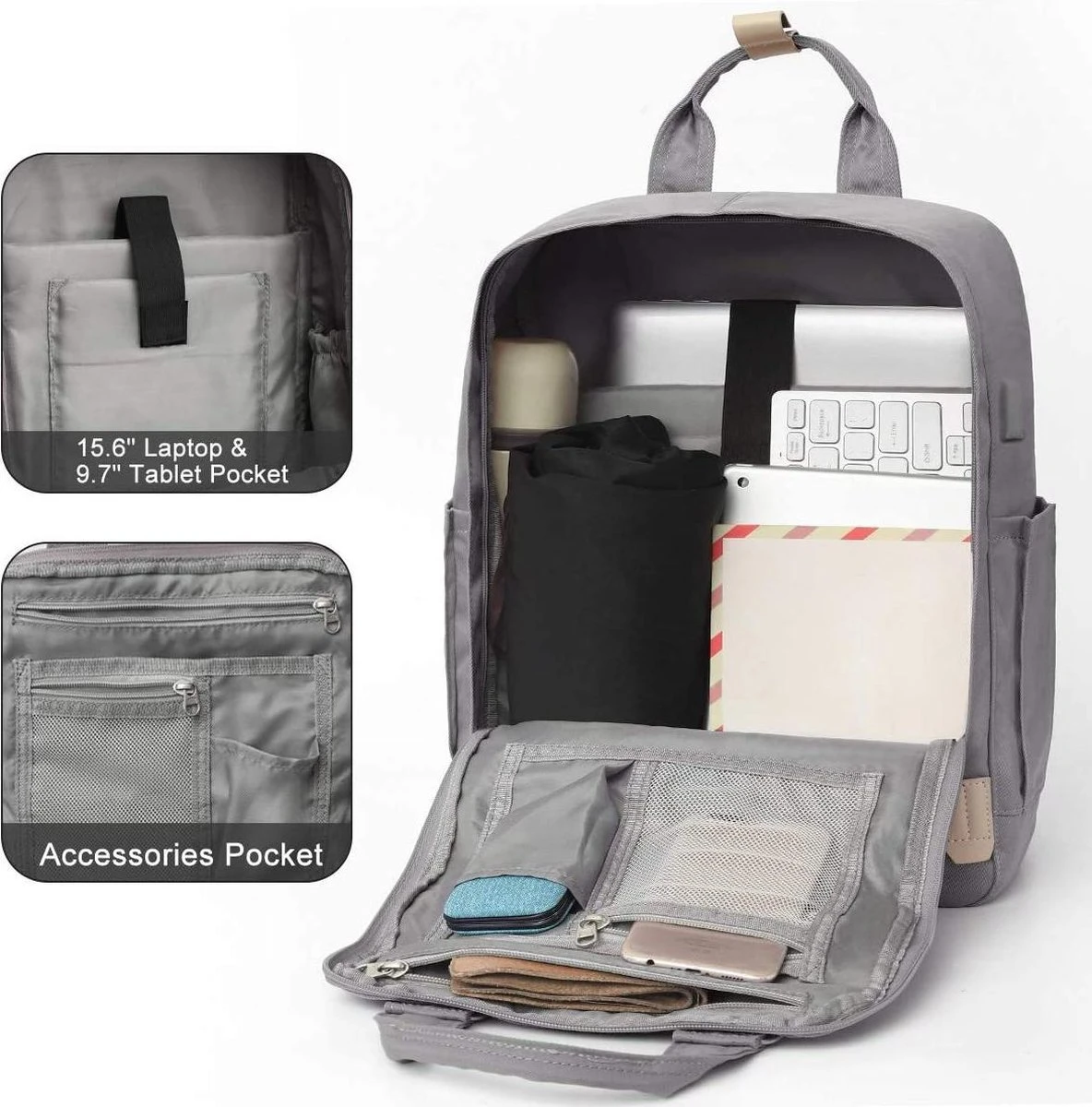 Merkloos Veran Rugtas - Rugzak - 30 Liter - 15,6" Laptopvak - Boekentas - Vintage - Heren - Dames - Laptop - School - Boekentas - Grijs - Afbeelding 3