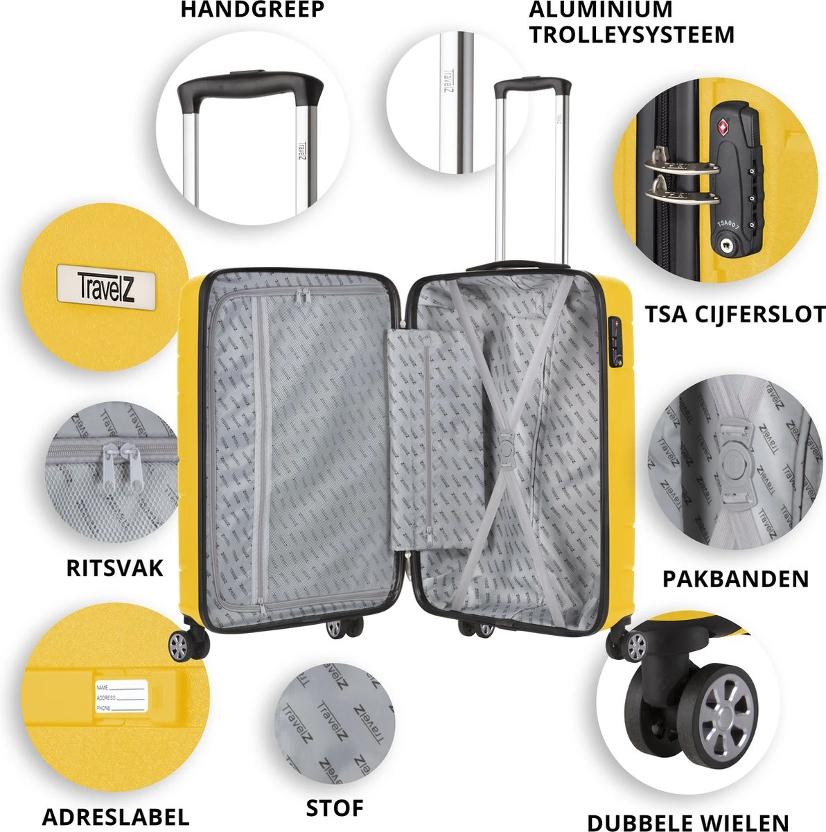 TravelZ Big Bars Handbagagekoffer 55cm Met TSA-slot - Ultrasterk - Geel - Afbeelding 4