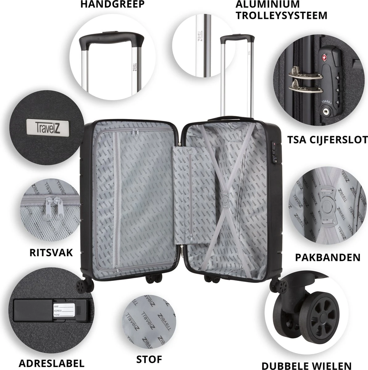 TravelZ Big Bars Handbagagekoffer 55cm Met TSA-slot - Ultrasterk - Zwart - Afbeelding 4