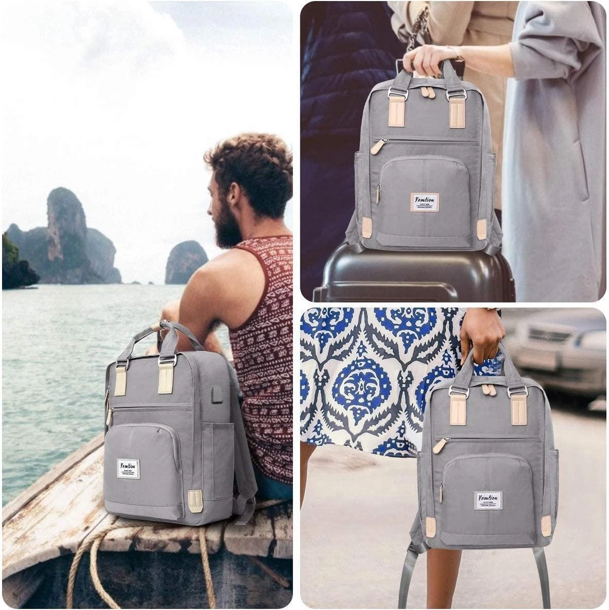 Merkloos Veran Rugtas - Rugzak - 30 Liter - 15,6" Laptopvak - Boekentas - Vintage - Heren - Dames - Laptop - School - Boekentas - Grijs - Afbeelding 6