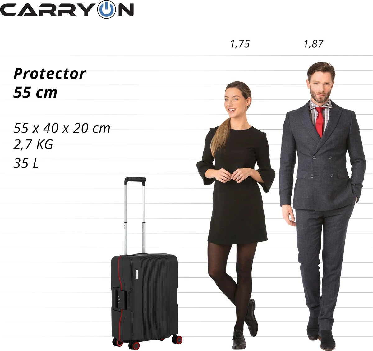 CarryOn Protector Luxe Handbagage Koffer - Trolley 55cm Met TSA-slot En Clipsluiting - Zwart - Afbeelding 7