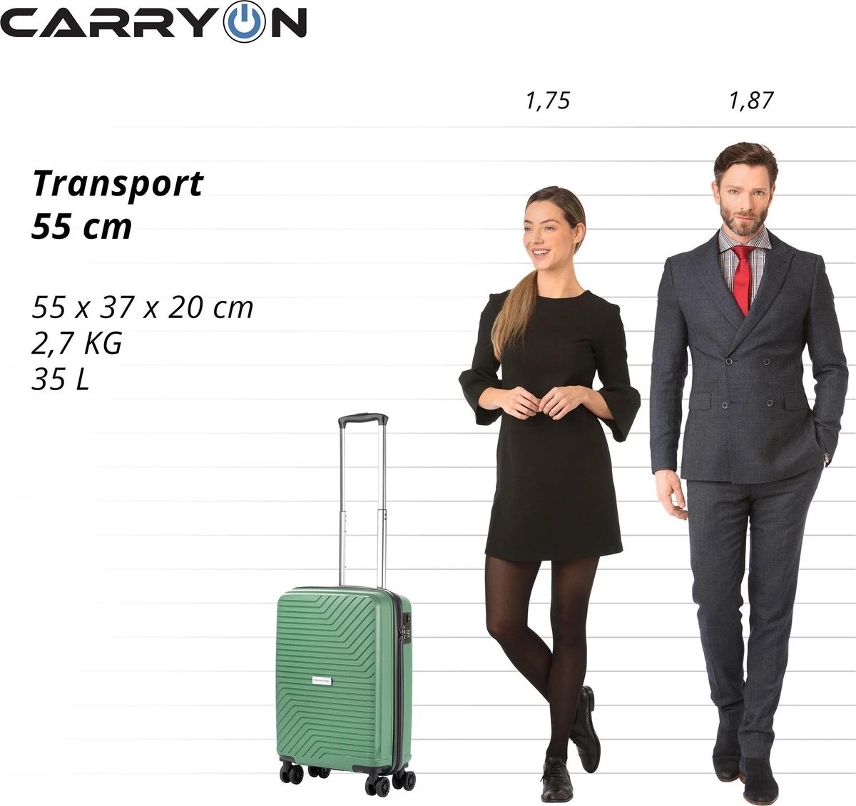 CarryOn Transport Handbagagekoffer - USB Handbagage 55cm - OKOBAN - Dubbele Wielen - Olijf - Afbeelding 6