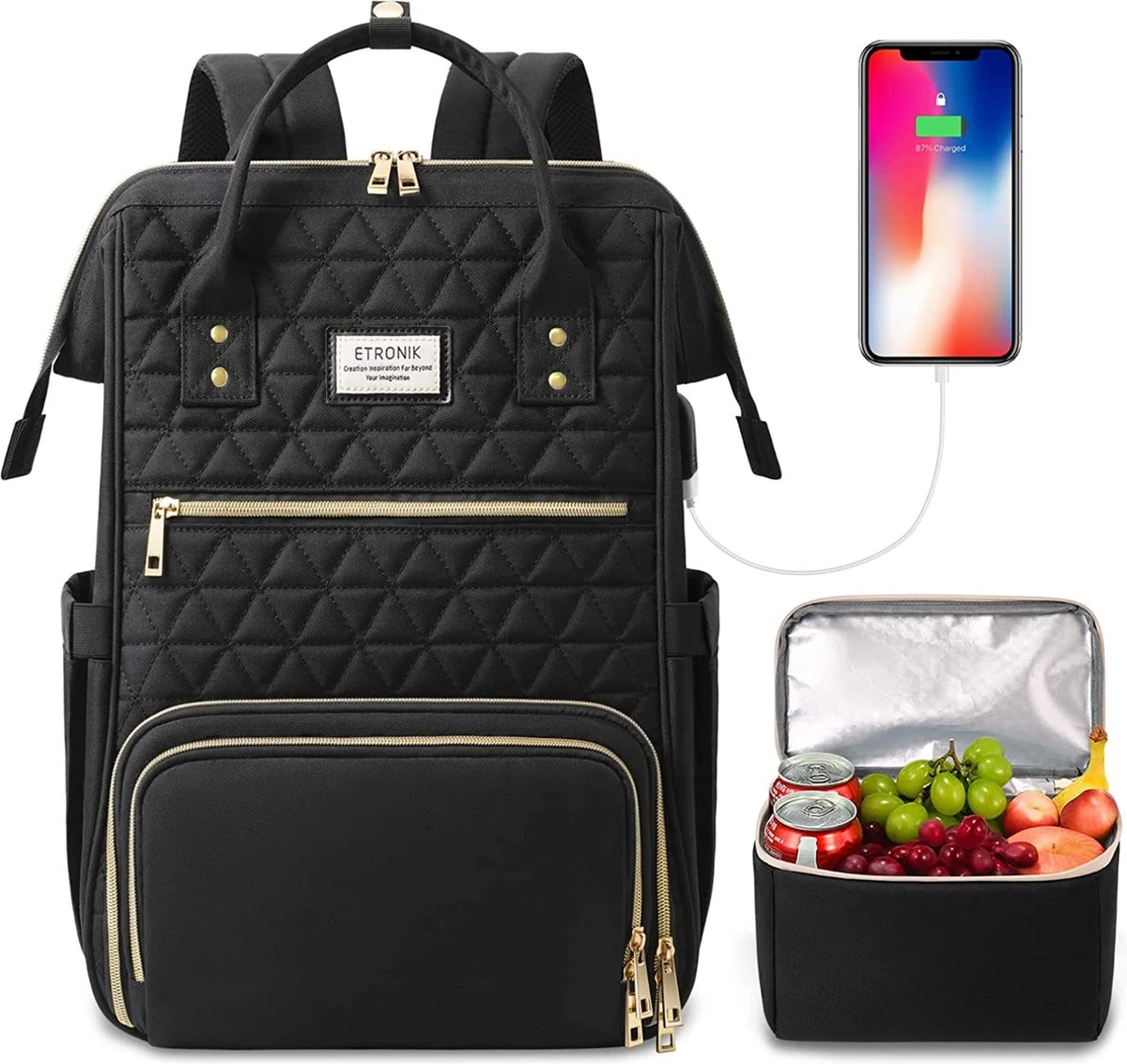 Merkloos ETRONIK Lunch Rugzak Voor Dames, Laptoprugzak, 15,6 Inch Met Geïsoleerde Koeltas, Waterdichte Koelrugzak Met USB-oplaadaansluiting, Koeltas, Lunchtas Voor Dames En Heren, Reizen, Werk, School, Zwart