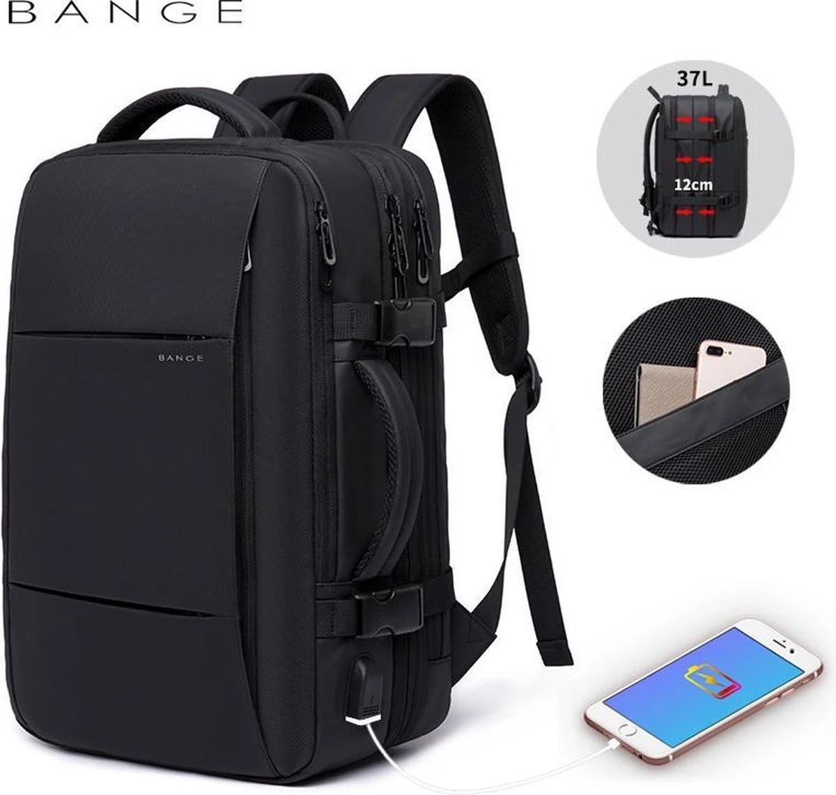 Bange Rugtas - 15,6 Inch - Laptop Rugzak - USB-aansluiting - Waterafstotend - Zwart - Incl. Smart Thermosfles - Afbeelding 14