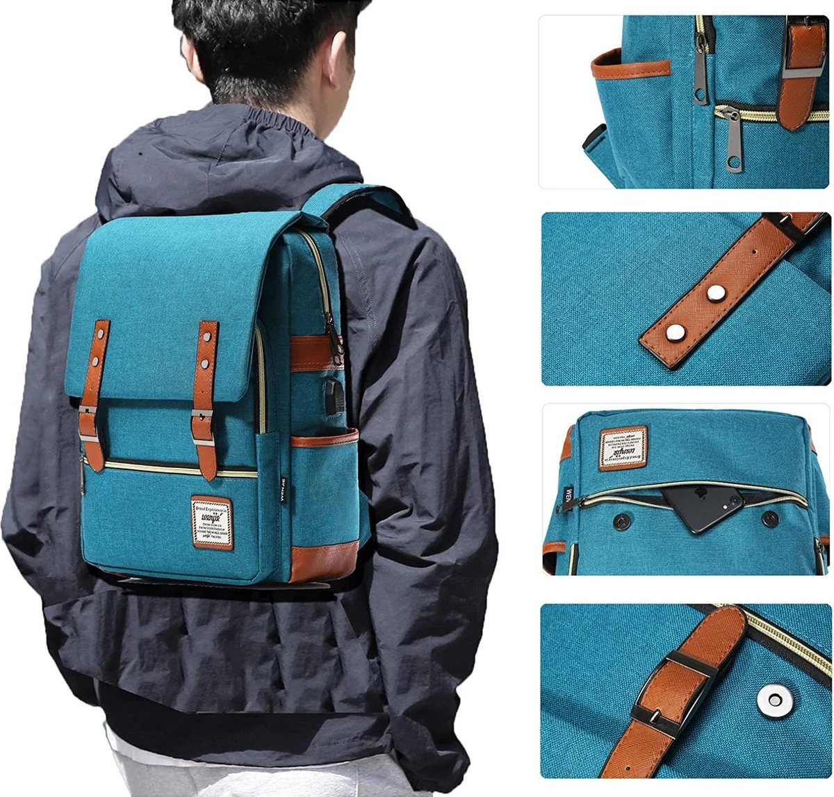 HapiLeap Laptop Vintage Rugzak Waterbestendig Zakelijke Reizen School Rugzak Messenger Bag Past 15.6 Inch Notebook Voor Mannen & Vrouwen - Afbeelding 2