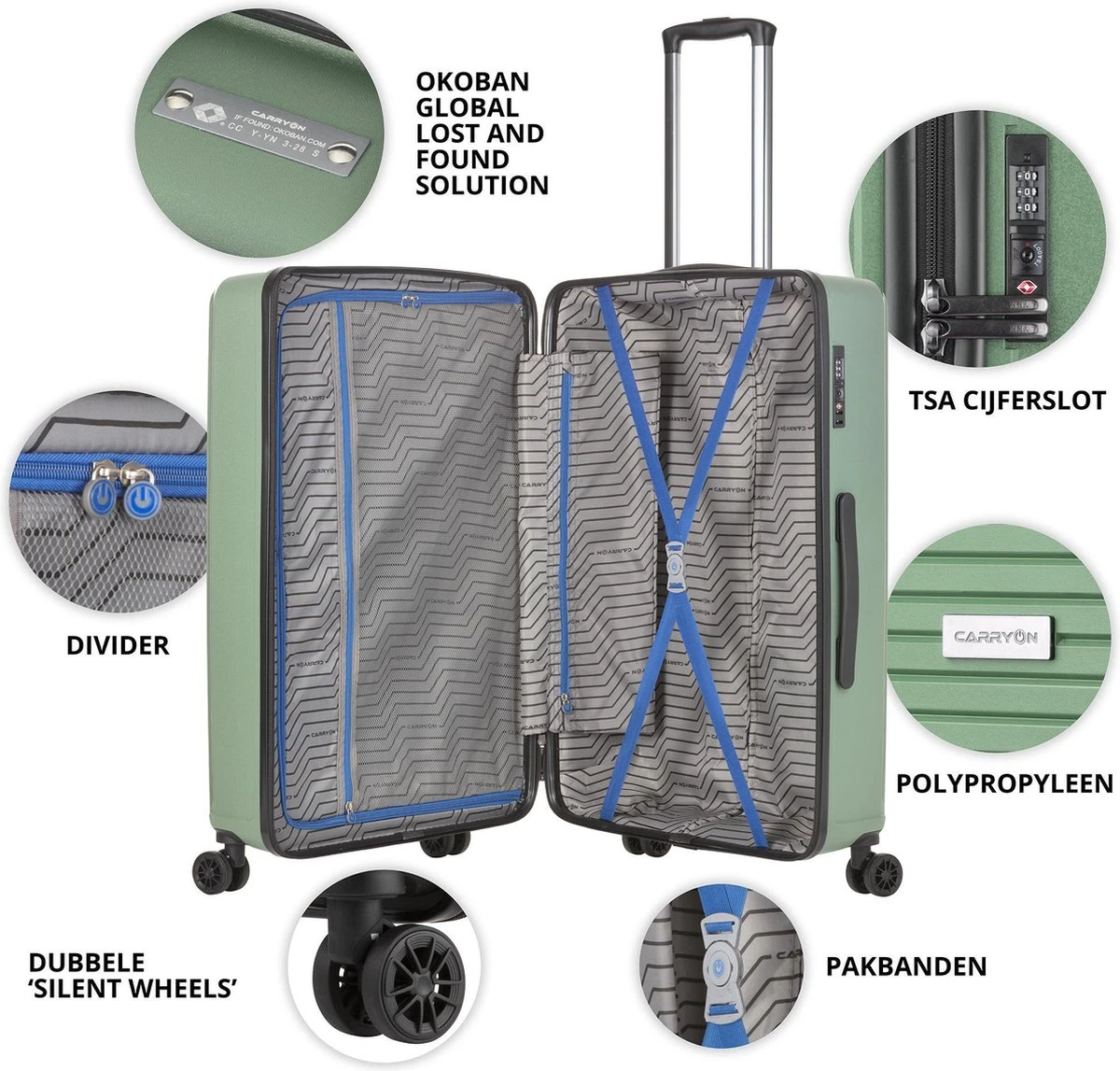 CarryOn Transport TSA Reiskoffer - Trolley 67cm Met Expander - OKOBAN - Dubbele Wielen - Olijf - Afbeelding 4