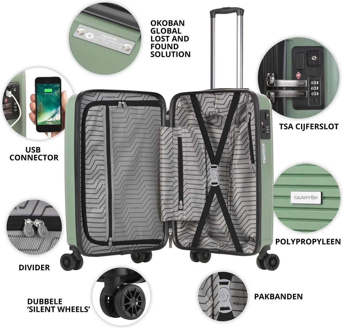CarryOn Transport Handbagagekoffer - USB Handbagage 55cm - OKOBAN - Dubbele Wielen - Olijf - Afbeelding 5