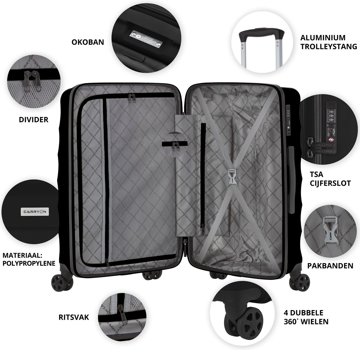 CarryOn Porter ® Handbagagekoffer - 55cm Handbagage Met TSA-slot - OKOBAN Registratie - Zwart - Afbeelding 2