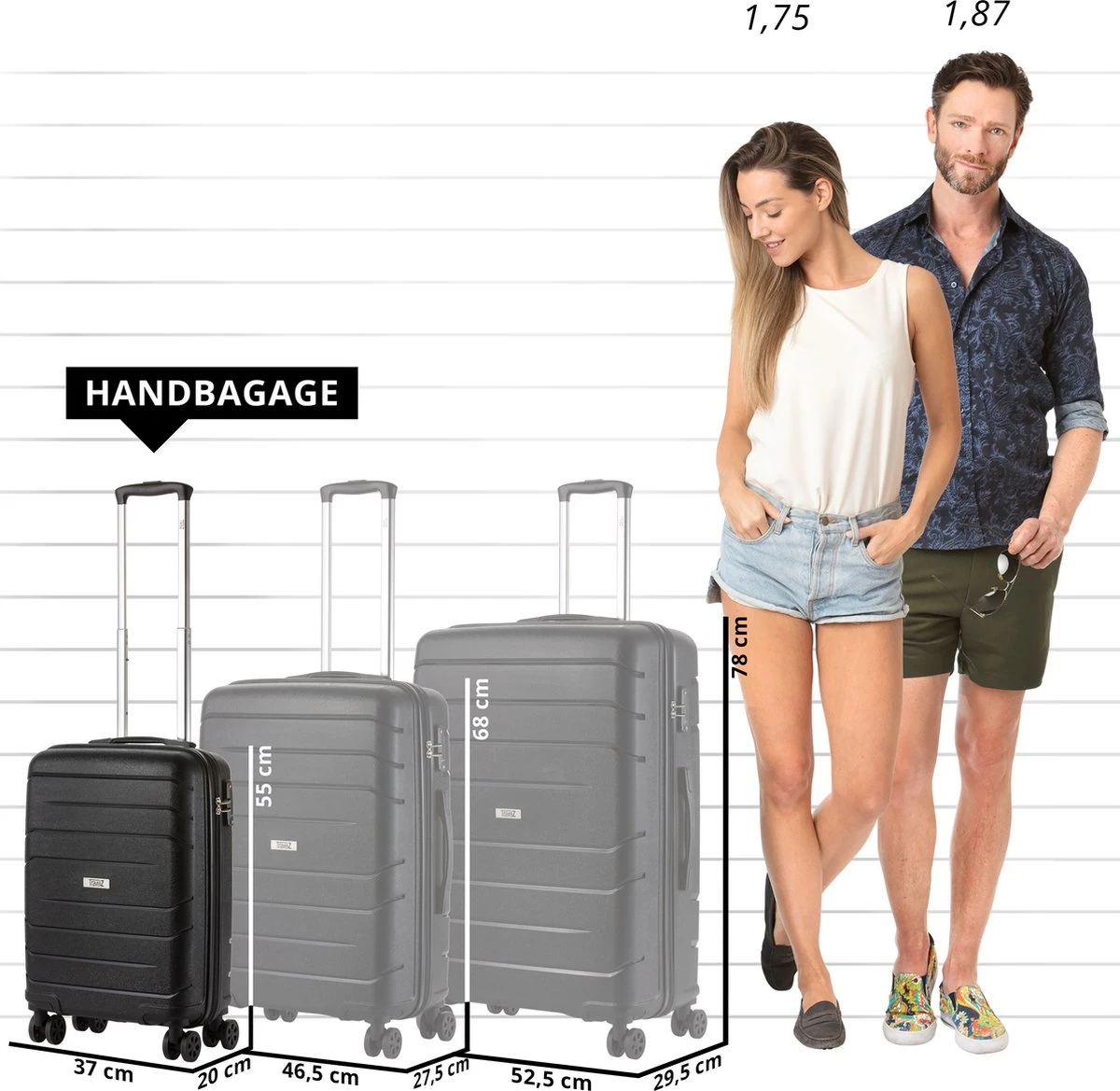 TravelZ Big Bars Handbagagekoffer 55cm Met TSA-slot - Ultrasterk - Zwart - Afbeelding 2
