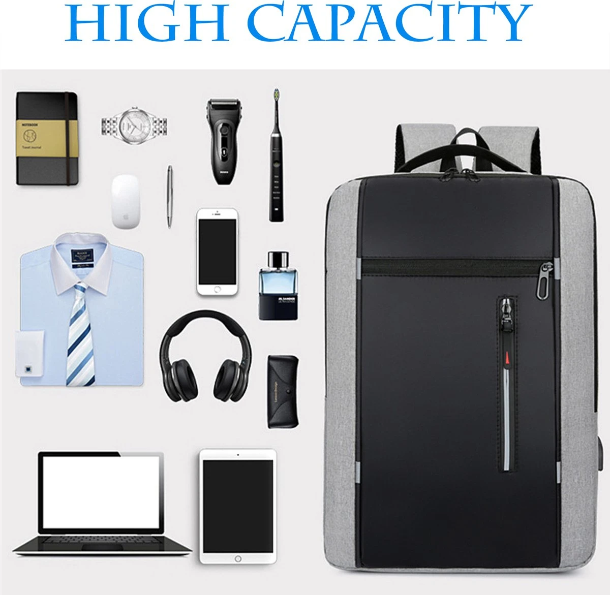 Merkloos Rugzak - Laptoprugzak 15,6 Inch - Schoolrugzak Dagrugzak - Kerstmis - Kerstfeest - Christmas Gift - Rugzak Dames Heren - Waterdichte Nylon Laptopbagagetablet - Met Usb Oplaadstation - Voor School Reizen Multifunctioneel - Grijs - Afbeelding 5