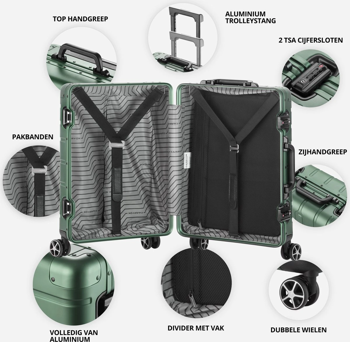 CarryOn ULD Handbagage - Luxe Aluminium Trolley 55cm - Dubbel TSA Slot - Dubbele Wielen - Groen - Afbeelding 2