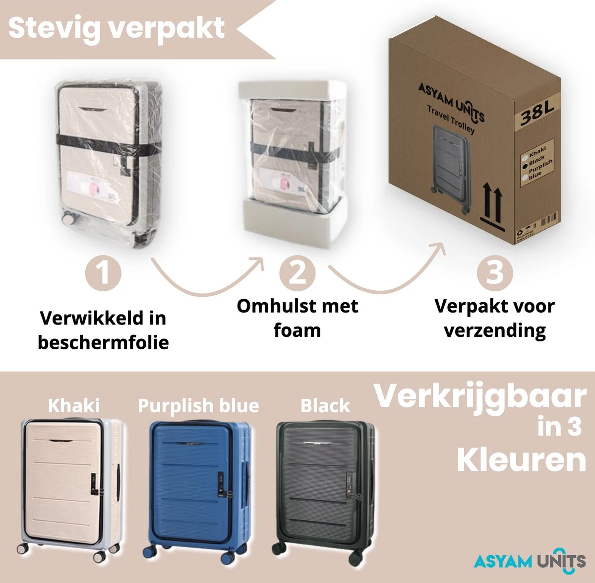 Asyam Units- Handbagage- Invouwbaar- Koffer- Koffer 38L- Spinner Wielen- TSA Slot- Lichtgewicht- Khaki - Afbeelding 5
