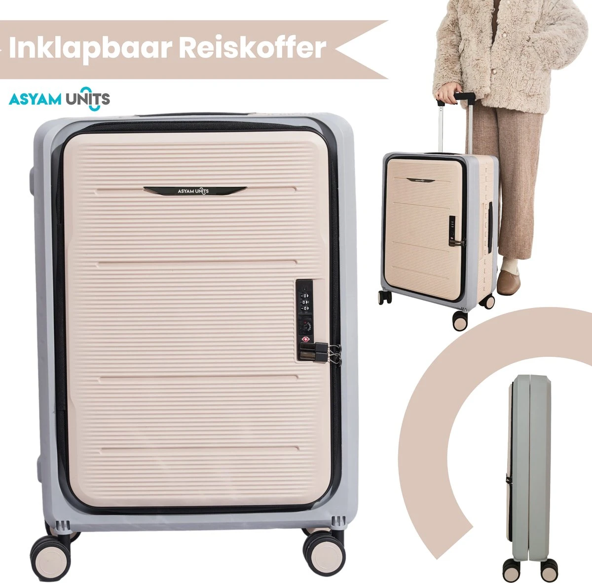 Asyam Units- Handbagage- Invouwbaar- Koffer- Koffer 38L- Spinner Wielen- TSA Slot- Lichtgewicht- Khaki