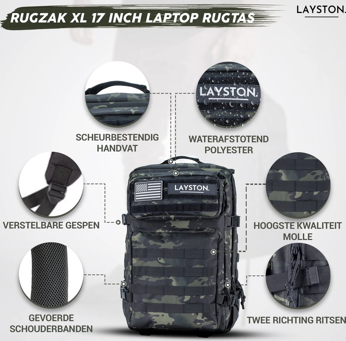 LAYSTON. - 45L Sport School Werk Rugtas - Sport Rugzak - Tactical Backpack - Waterafstotend - Camo Groen - Afbeelding 8