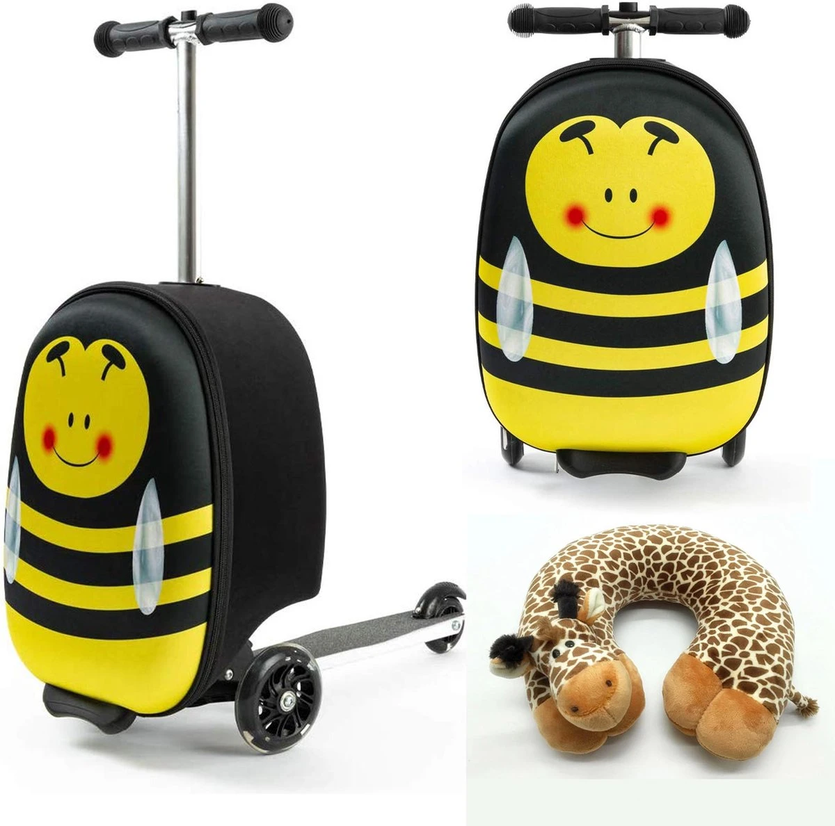 Rolkoffer Trolley Voor Kinderen | Geel | Trolley | Tas Kind | Bagagekoffer | Step Jongen | Vliegtuig Nekkussen | Step Met 3 Wielen | FDBW | Koffer Handbagage - 50 Kilo - Bouncy Box 40x20x25 Cm + Nekkussen Vliegtuig