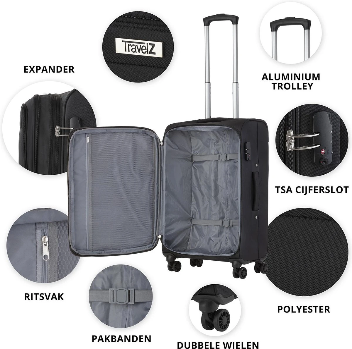 Travelz Softspinner TSA Reiskoffer 67cm - Zachte Reiskoffer Met Expander - Zwart - Afbeelding 4