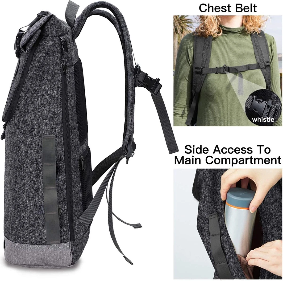 EverVanz Laptop Rugtas Vrouw & Man Roll Top Waterdicht Reizen Wandelen Rugzak Lichtgewicht Casual Dagrugzak Stijlvol Schooltas - Afbeelding 4