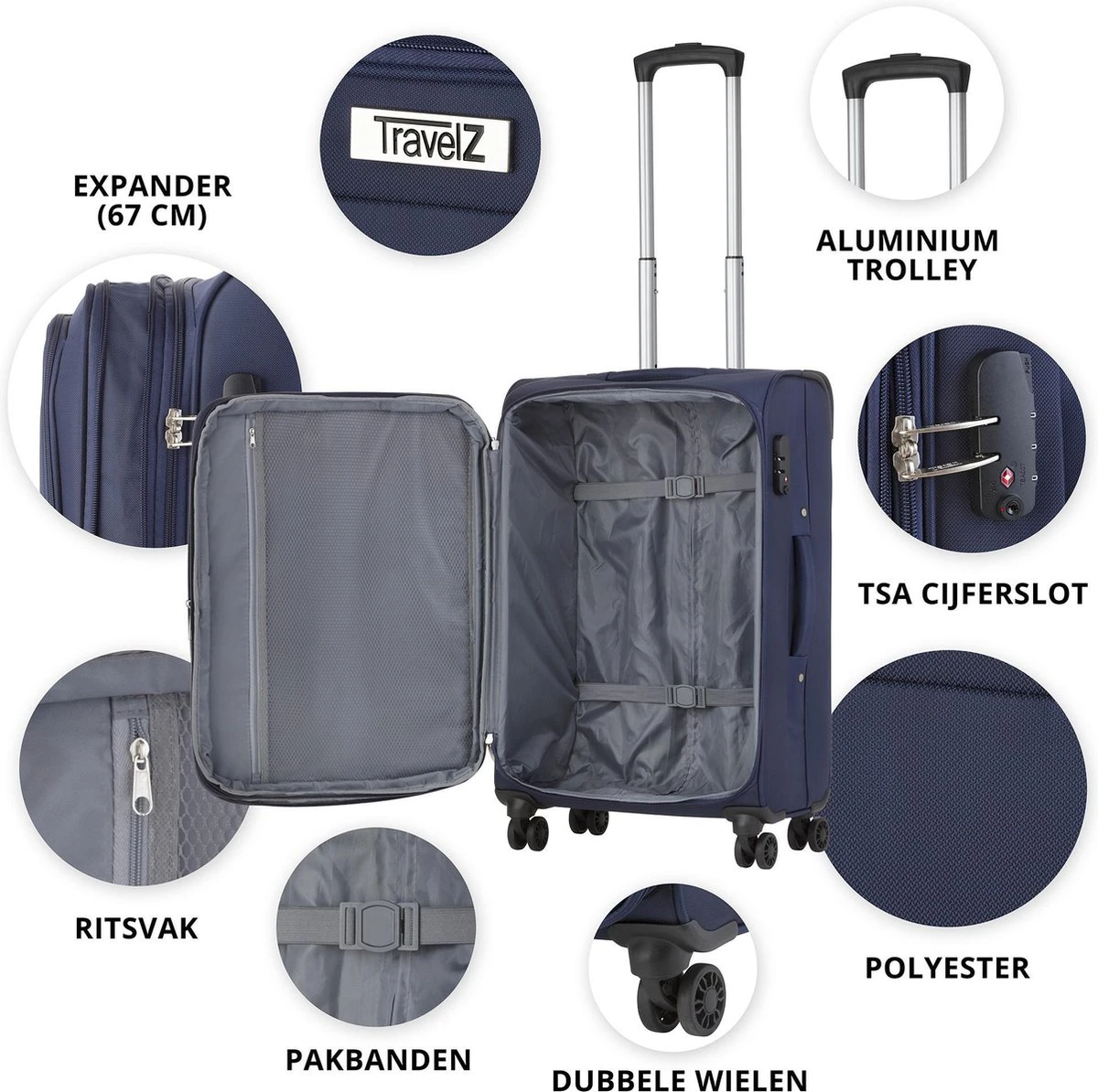 Travelz Softspinner TSA Reiskoffer 77cm - Zachte Reiskoffer Met Expander 104 + 16 Ltr - Blauw - Afbeelding 5