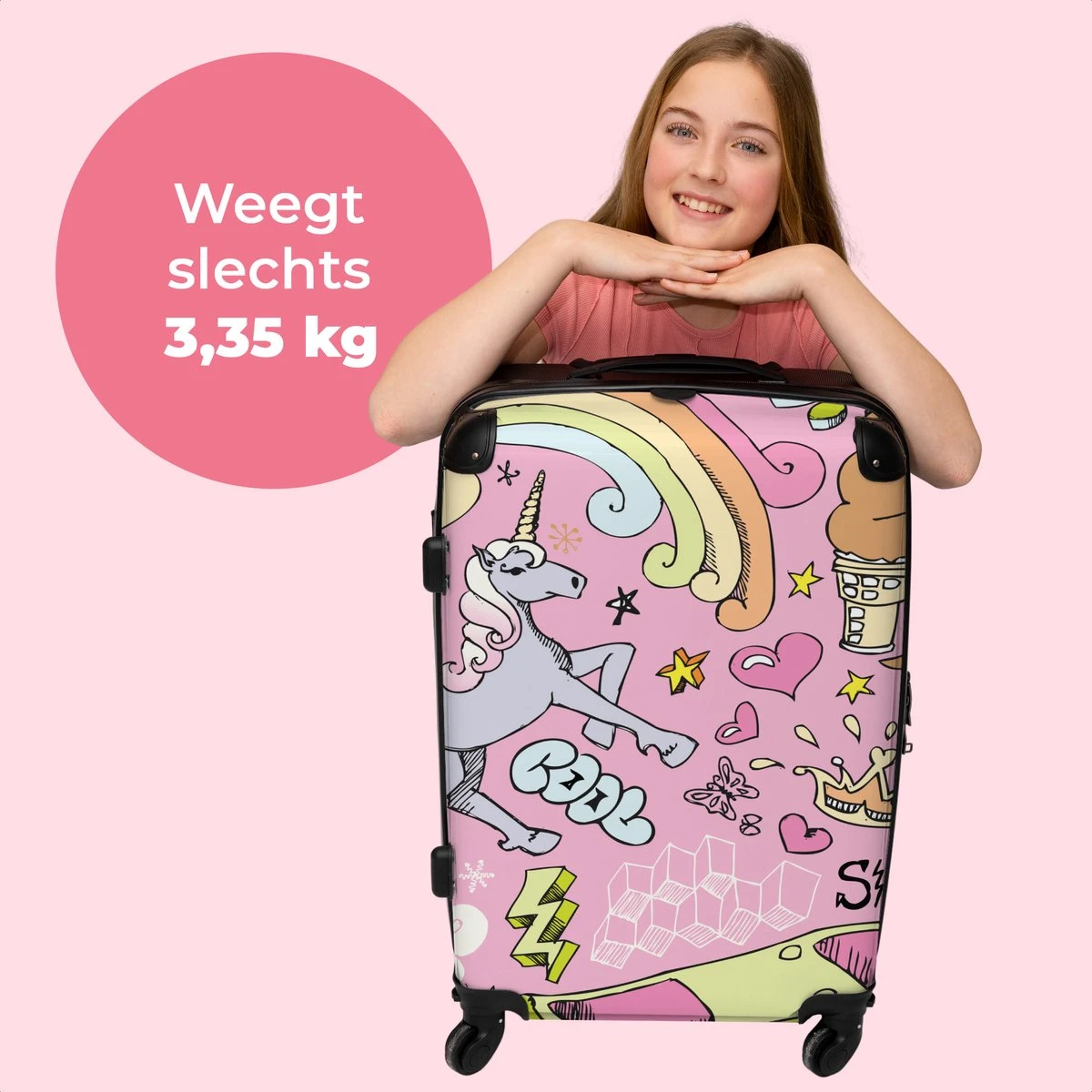 NoBoringSuitcases.com® Koffer Groot - Roze - Eenhoorn - Skateboard - Tekening - Trolley Koffer Met TSA-slot - Met Wielen - 90 Liter - Reiskoffer - 66 Cm - Afbeelding 2