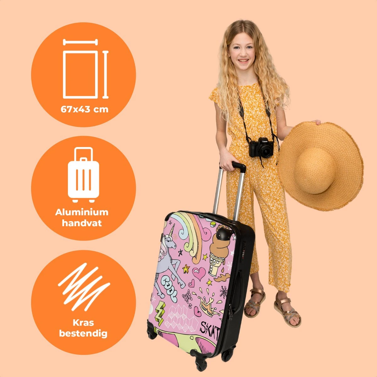 NoBoringSuitcases.com® Koffer Groot - Roze - Eenhoorn - Skateboard - Tekening - Trolley Koffer Met TSA-slot - Met Wielen - 90 Liter - Reiskoffer - 66 Cm - Afbeelding 3