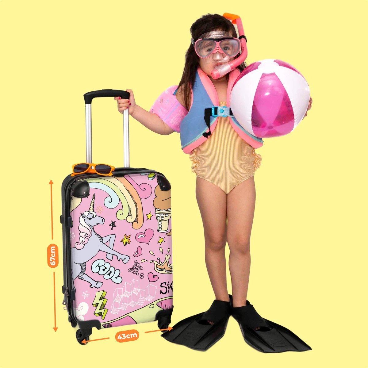 NoBoringSuitcases.com® Koffer Groot - Roze - Eenhoorn - Skateboard - Tekening - Trolley Koffer Met TSA-slot - Met Wielen - 90 Liter - Reiskoffer - 66 Cm - Afbeelding 6