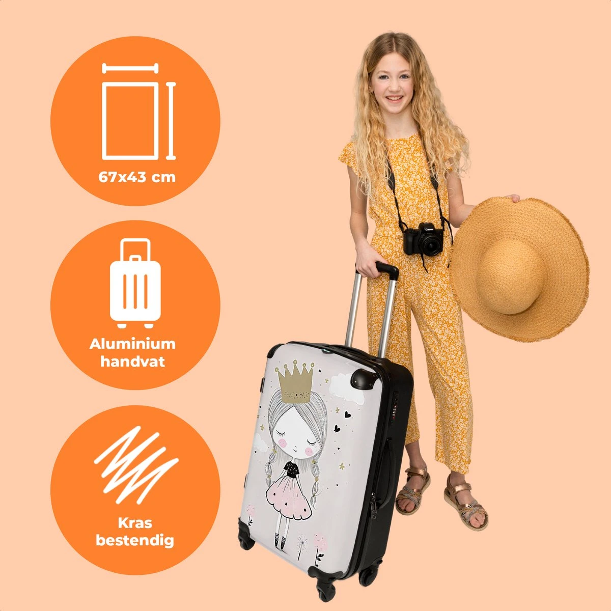 NoBoringSuitcases.com® Koffer Groot - Prinses - Bloemen - Kroon - Meisje - Sterren - Trolley Koffer Met TSA-slot - Met Wielen - 90 Liter - Reiskoffer - 66 Cm - Afbeelding 3