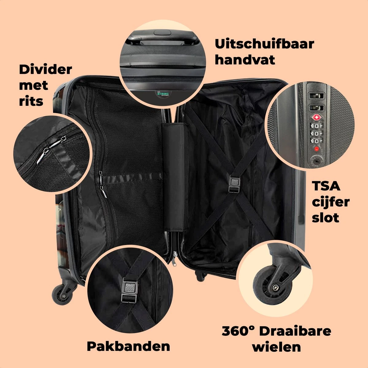 NoBoringSuitcases.com® Koffer Groot - Kat - Huisdieren - Poes - Bruin - Grijs - Trolley Koffer Met TSA-slot - Met Wielen - 90 Liter - Reiskoffer - 66 Cm - Afbeelding 4