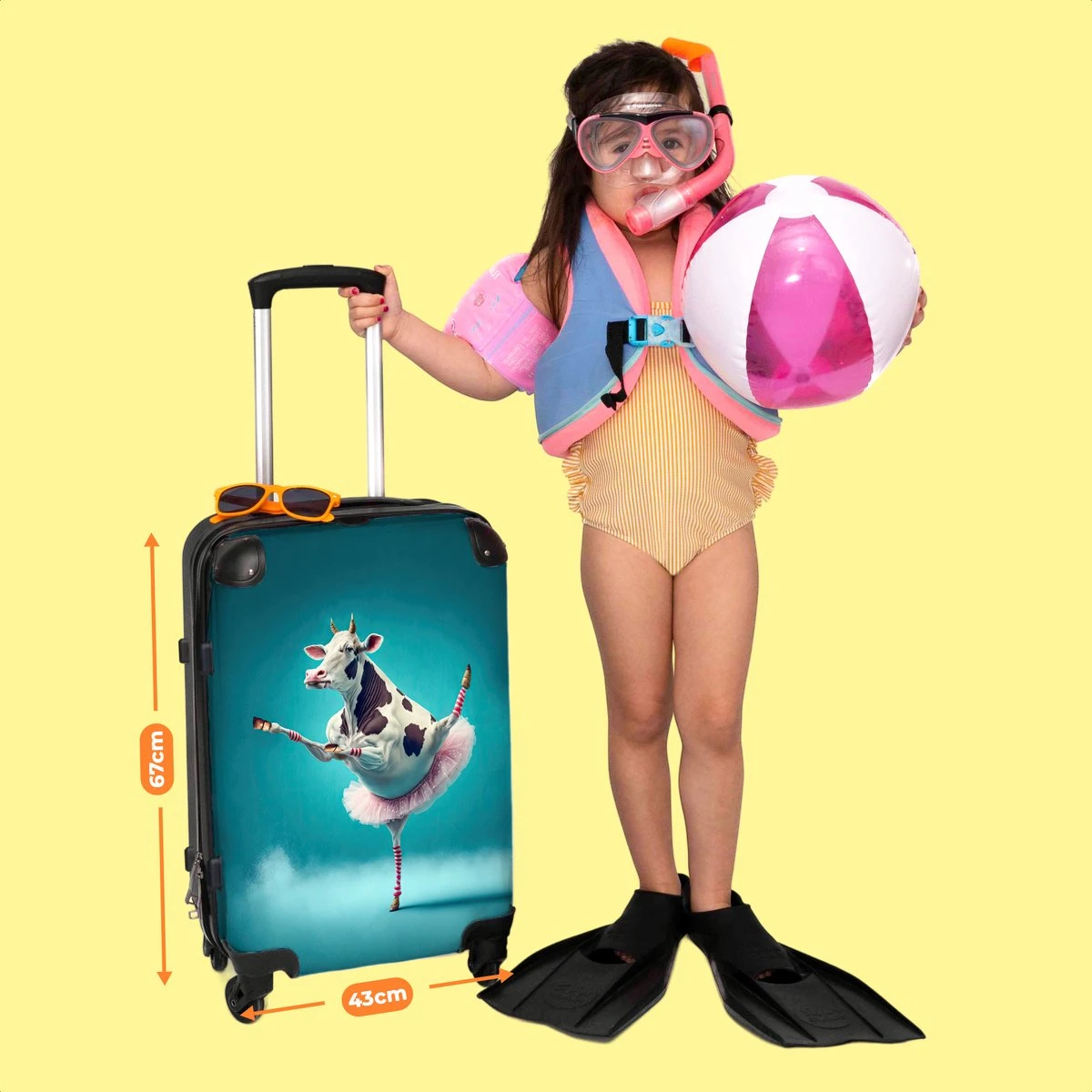 NoBoringSuitcases.com® Koffer Groot - Koe - Ballet - Portret - Blauw - Dieren - Trolley Koffer Met TSA-slot - Met Wielen - 90 Liter - Reiskoffer - 66 Cm - Afbeelding 6