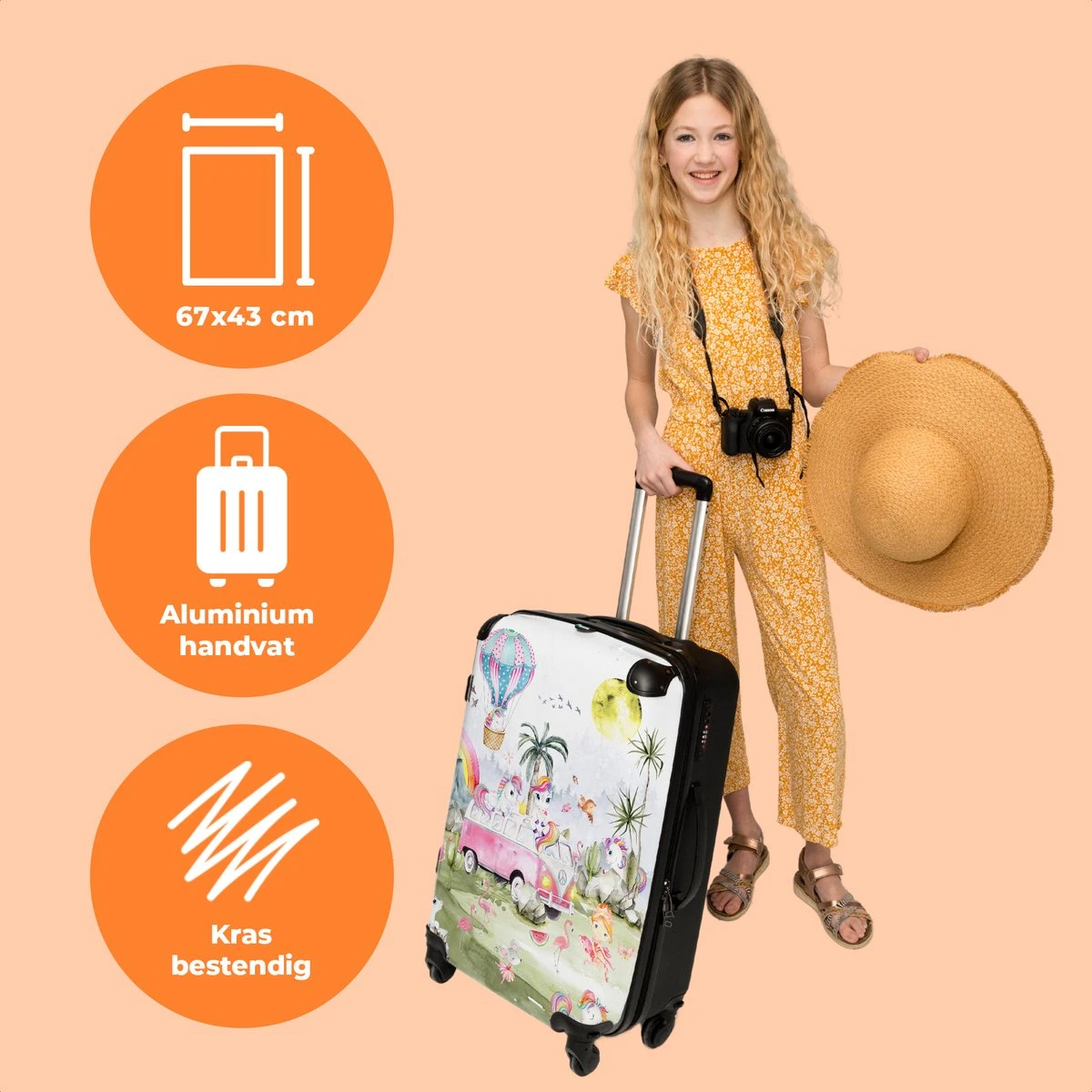 NoBoringSuitcases.com® Koffer Groot - Eenhoorn - Luchtballon - Meisjes - Regenboog - Trolley Koffer Met TSA-slot - Met Wielen - 90 Liter - Reiskoffer - 66 Cm - Afbeelding 3