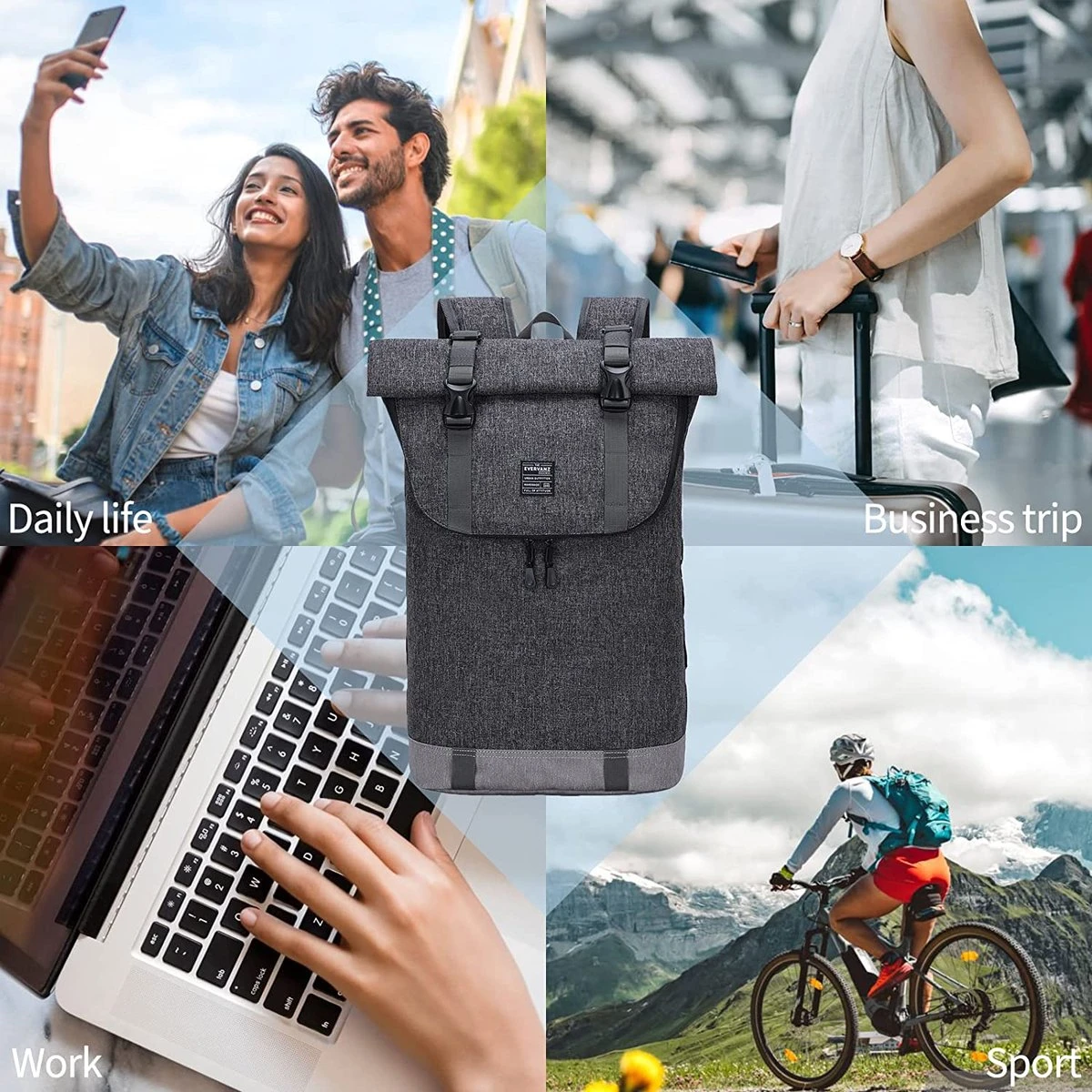EverVanz Laptop Rugtas Vrouw & Man Roll Top Waterdicht Reizen Wandelen Rugzak Lichtgewicht Casual Dagrugzak Stijlvol Schooltas - Afbeelding 6