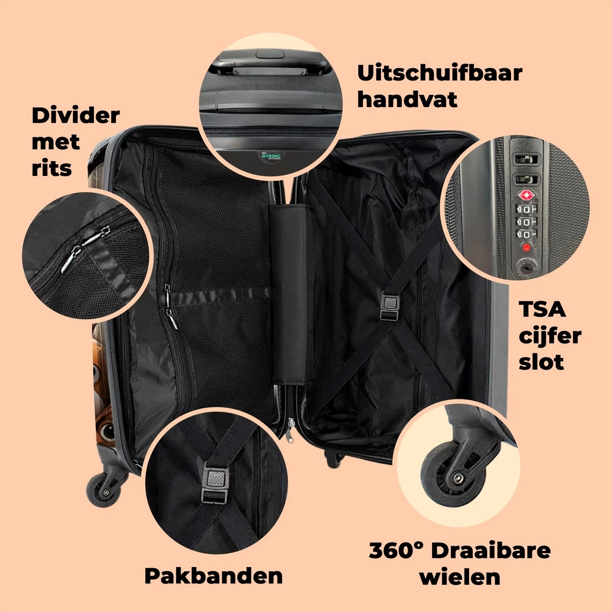 NoBoringSuitcases.com® Koffer - Hond - Dieren - Design - Bruin - Trolley Op Wieltjes - Handbagagekoffer - Past Binnen 55x40x20 Cm En 55x35x25 Cm - Reiskoffers - Fotokoffer - Afbeelding 4