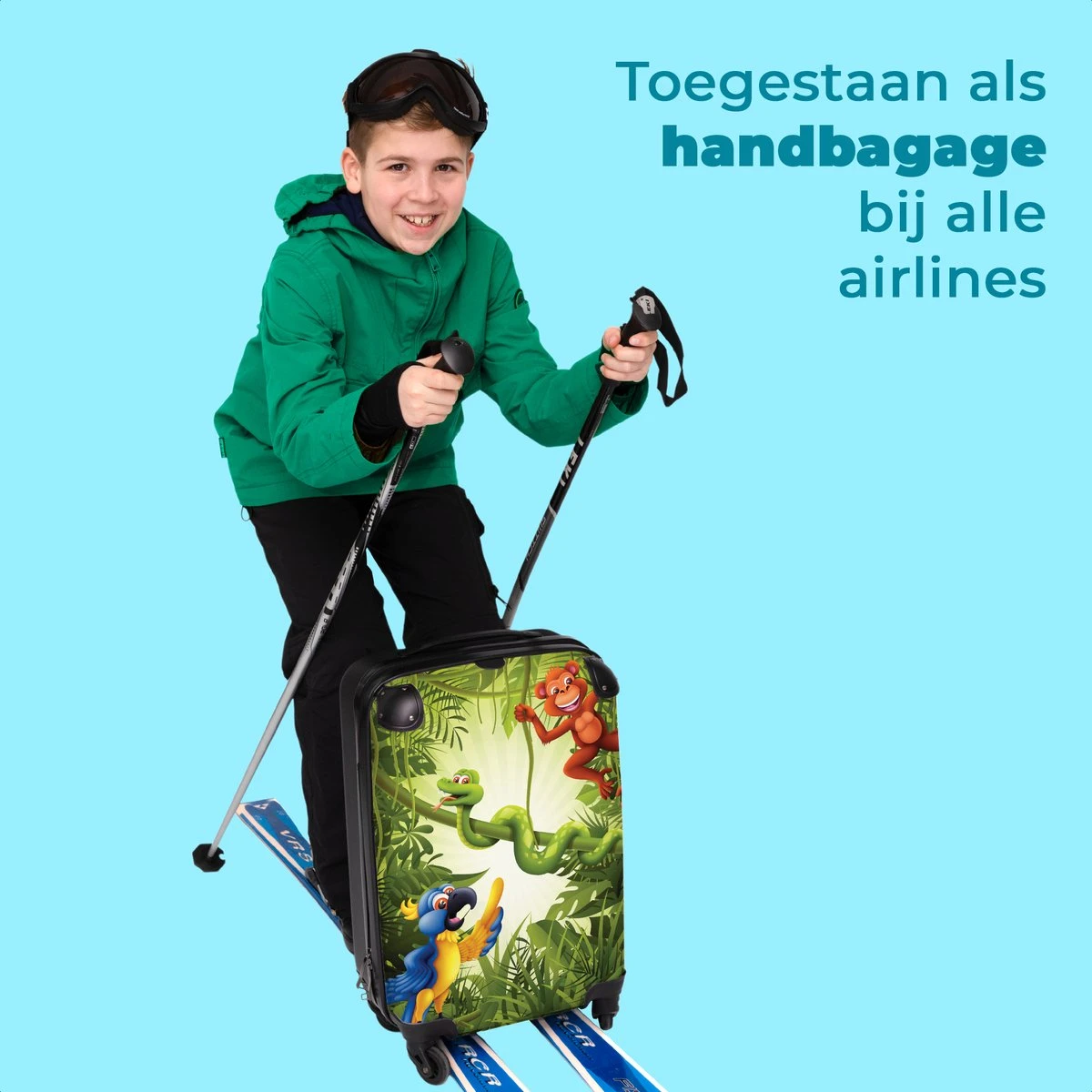 NoBoringSuitcases.com® Koffer - Jungle - Dieren - Groen - Kinderen - Past Binnen 55x40x20 Cm En 55x35x25 Cm - Handbagage - Trolley - Fotokoffer - Cabin Size - Print - Afbeelding 5