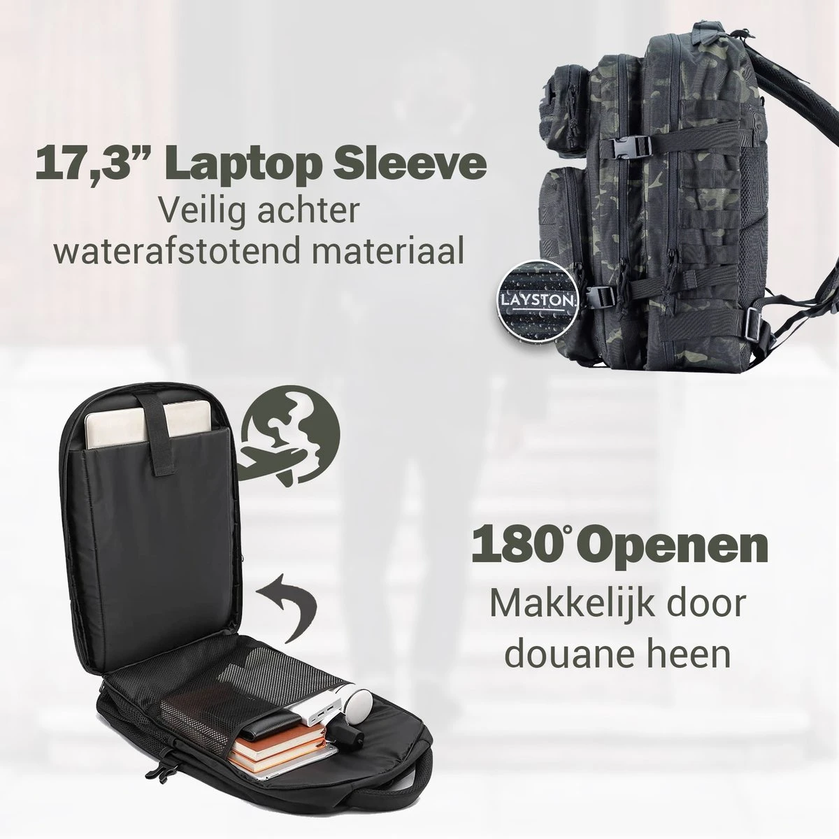 LAYSTON. - 45L Sport School Werk Rugtas - Sport Rugzak - Tactical Backpack - Waterafstotend - Camo Groen - Afbeelding 9