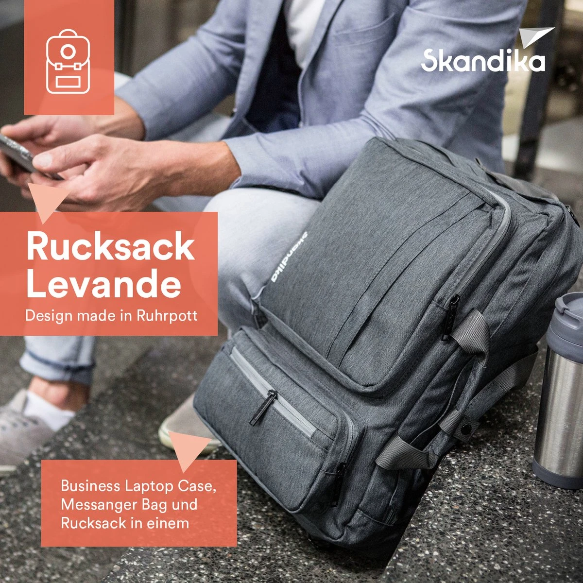 Skandika Levande Rugzak – Laptoptassen - Rugzak Dames – Rugzak Heren - Urban Style Ontwerp Rugtas – Daypack - Messenger Bag - Business Laptop Bag Reistas - Waterafstotend – 35 X 11 X 48 Cm (L X B X H) – 20 Liter - Voor School & Reizen – Grijs - Afbeelding 3