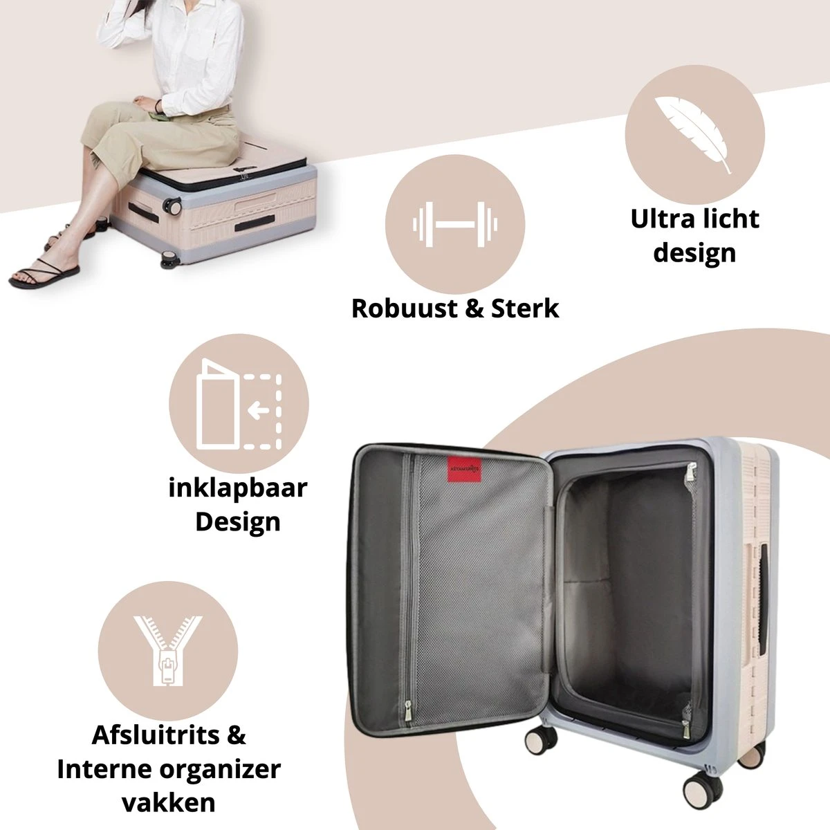 Asyam Units- Handbagage- Invouwbaar- Koffer- Koffer 38L- Spinner Wielen- TSA Slot- Lichtgewicht- Khaki - Afbeelding 2