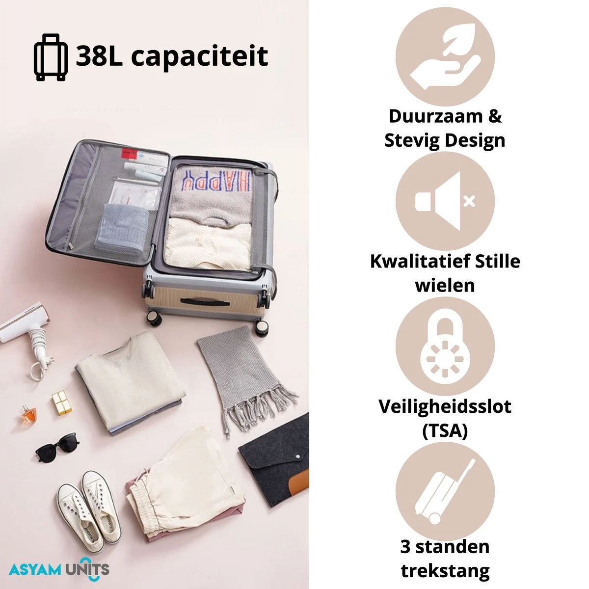 Asyam Units- Handbagage- Invouwbaar- Koffer- Koffer 38L- Spinner Wielen- TSA Slot- Lichtgewicht- Khaki - Afbeelding 3