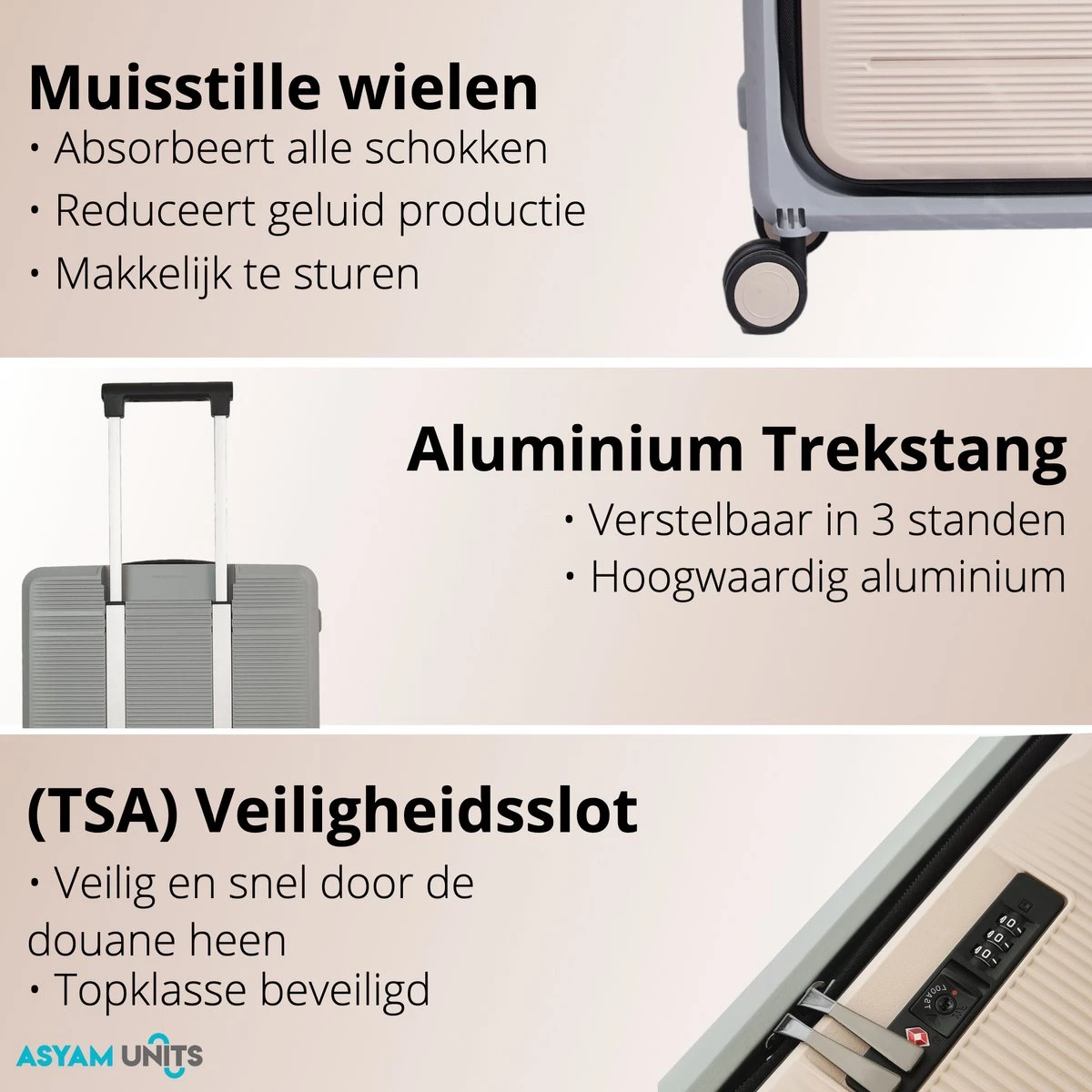 Asyam Units- Handbagage- Invouwbaar- Koffer- Koffer 38L- Spinner Wielen- TSA Slot- Lichtgewicht- Khaki - Afbeelding 4
