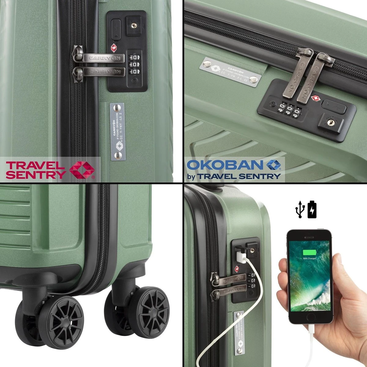 CarryOn Transport Handbagagekoffer - USB Handbagage 55cm - OKOBAN - Dubbele Wielen - Olijf - Afbeelding 4